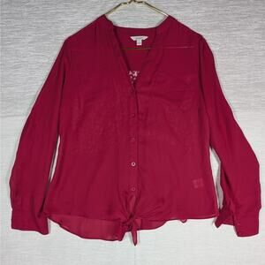 Candies Blouse Womens Large Pink Lace Back Long Sleeve Button Up